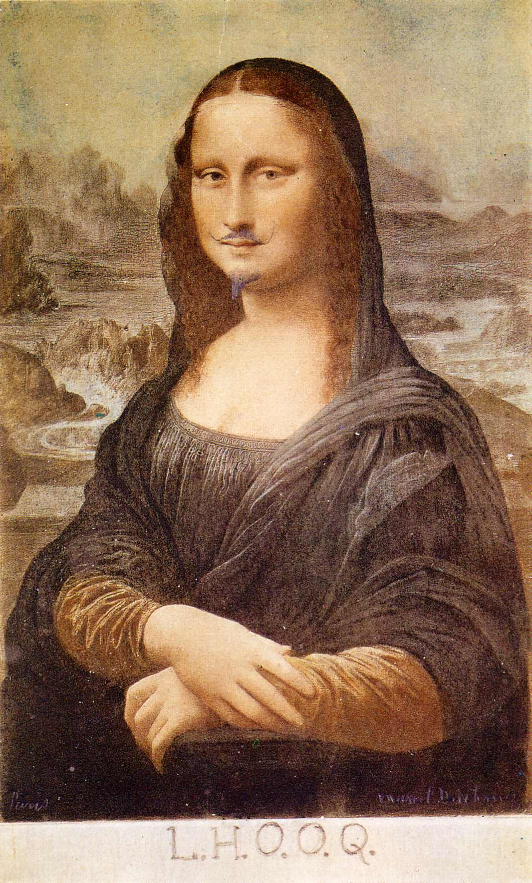 LHOOQ, Marcel Duchamp, 1919. (Juega con la fonética de las letras deletradas: "ella a chaud au cul", "ella está caliente)